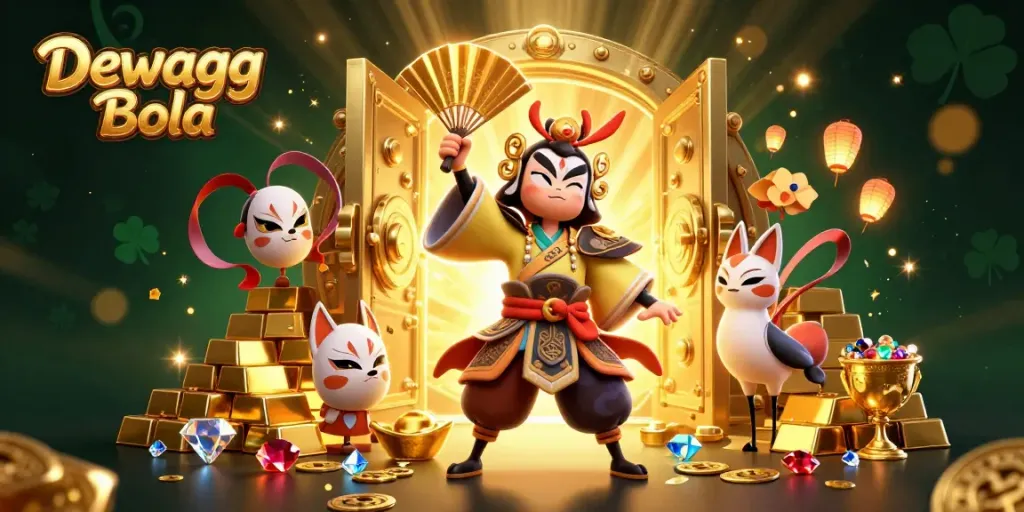 Experience the thrill of Dewagg Bola with vibrant digital art showcasing a kabuki warrior and treasures.