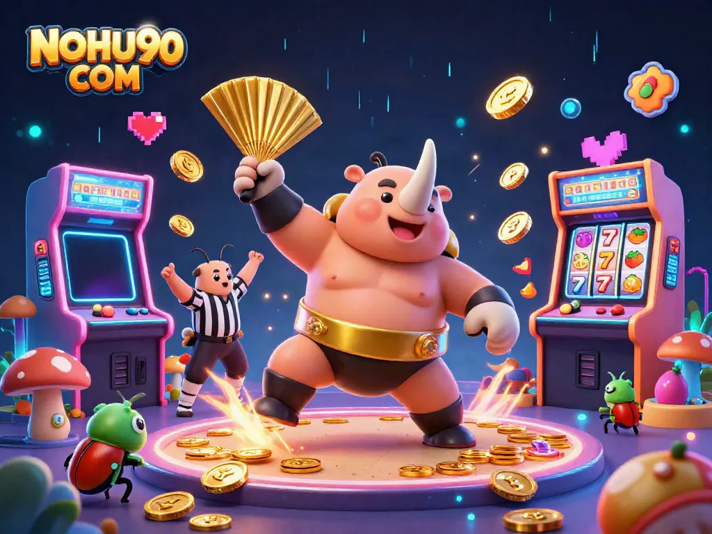 Explore the electrifying world of NOHU90 COM with a vibrant scene depicting a casino-themed adventure filled with animated beetles and exciting game elements.