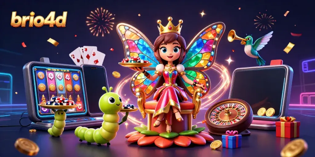 Engage in thrilling gameplay with brio4d as the butterfly queen presides over a vibrant casino scene.
