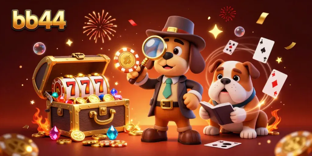 Activate winning strategies at bb44 with a cartoon detective uncovering poker chip treasures and engaging elements.