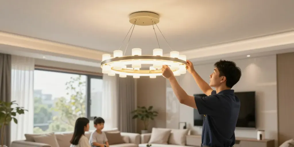 Lustra LED instalată de un profesionist local, atmosfera de acasă, iluminat călduros.