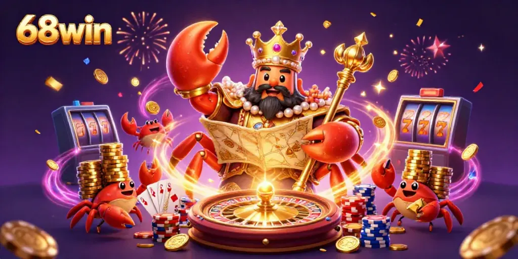 Engage with 68win's thrilling casino universe showcasing a golden crab emperor and dynamic gaming elements.