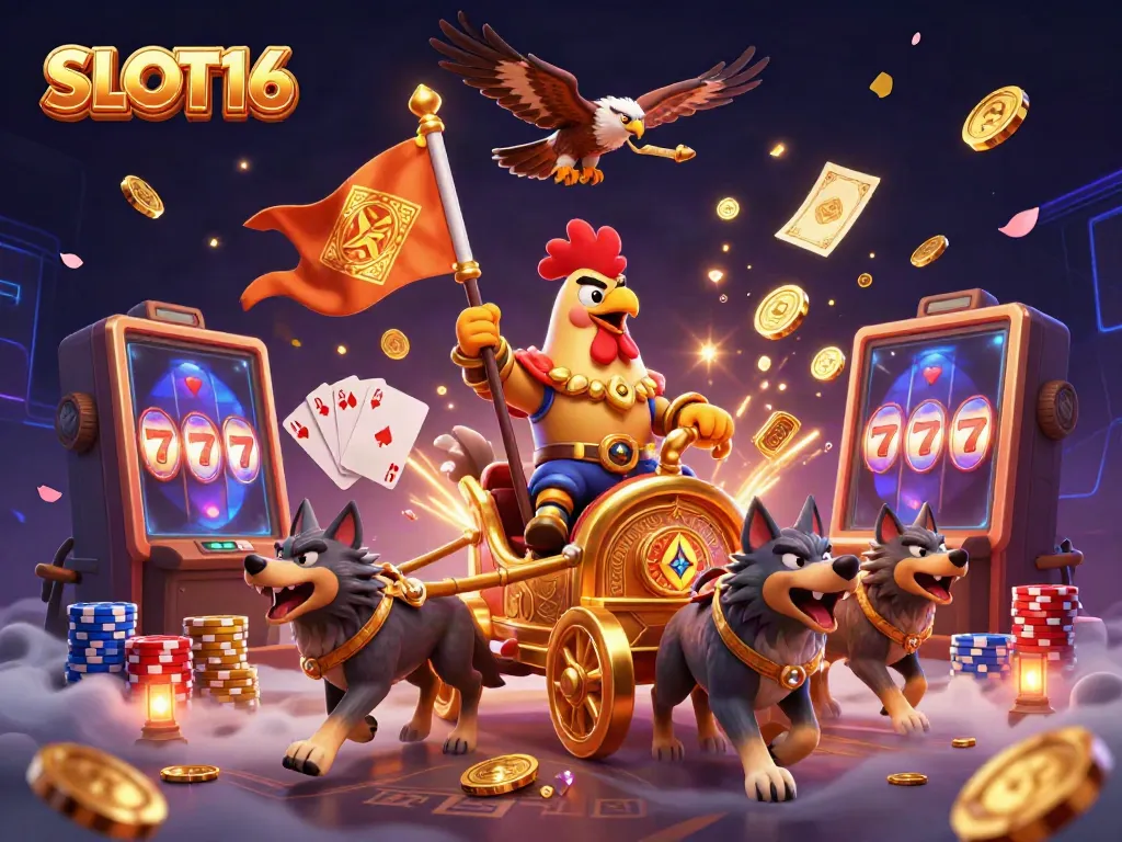 SLOT16's vibrant 3D scene featuring a rooster warlord, golden chariot, and dynamic casino elements.