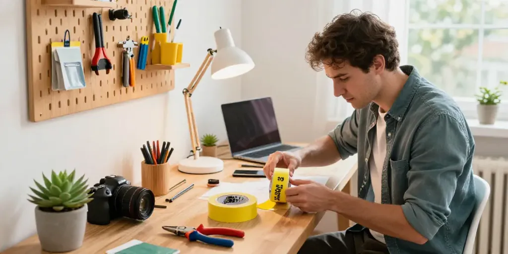 Super33 Daftar in a DIY workspace with a person applying Scotch Super 33+ electrical tape.