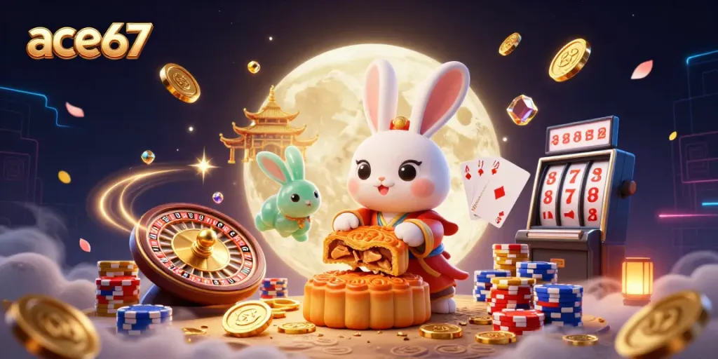 Experience thrilling gameplay at ace67 with a moon rabbit theme and casino elements in a vibrant 3D illustration.