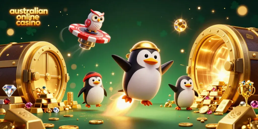 Experience the thrill of the australian online casino with a golden penguin blasting through space.