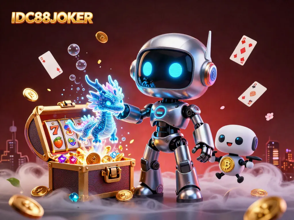 Experience thrilling gameplay with IDC88JOKER's vibrant 3D illustration showcasing cyber gaming, coins, and excitement.