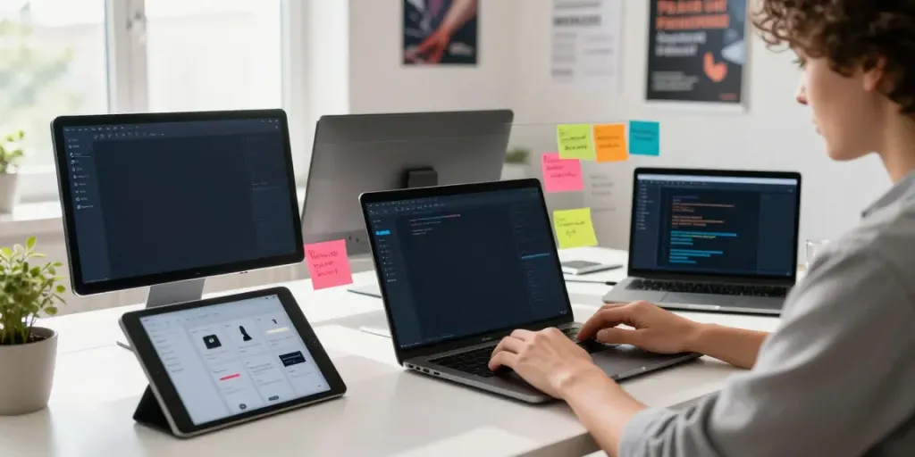 Developer exploring apktodo app features at a vibrant digital workspace.
