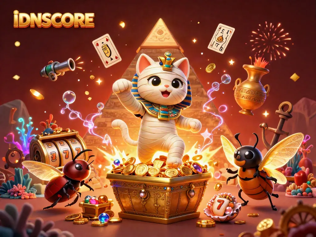 Engage with IDNSCORE in a vibrant casino scene featuring an Egyptian mummy cat and golden treasures.