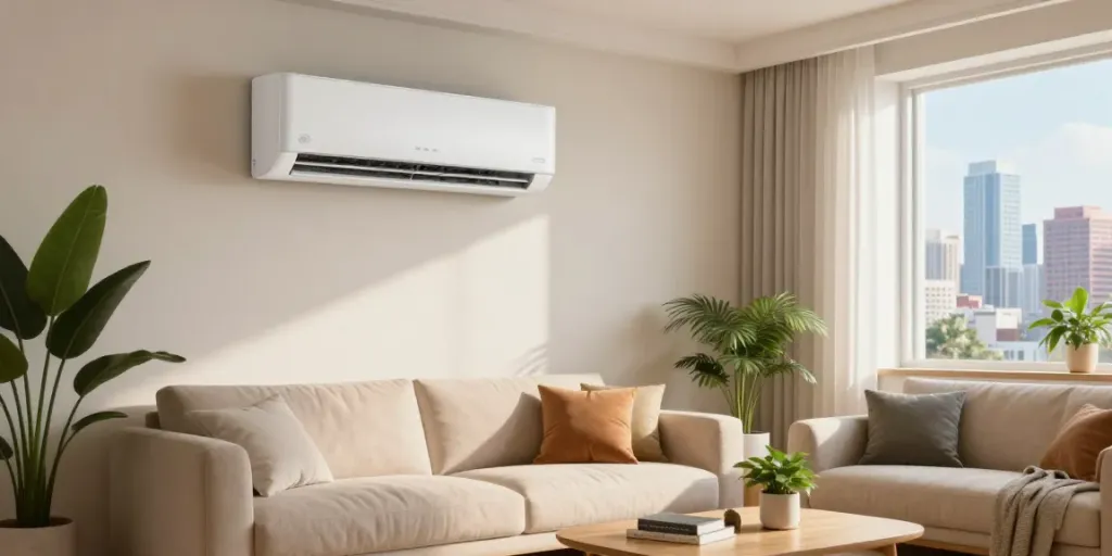 Cozy living room showcasing a mini split air conditioner, enhancing comfort and style.
