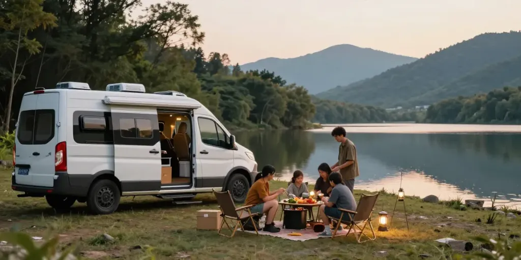 Family enjoying outdoor cooking at campsite powered by lithium RV batteries