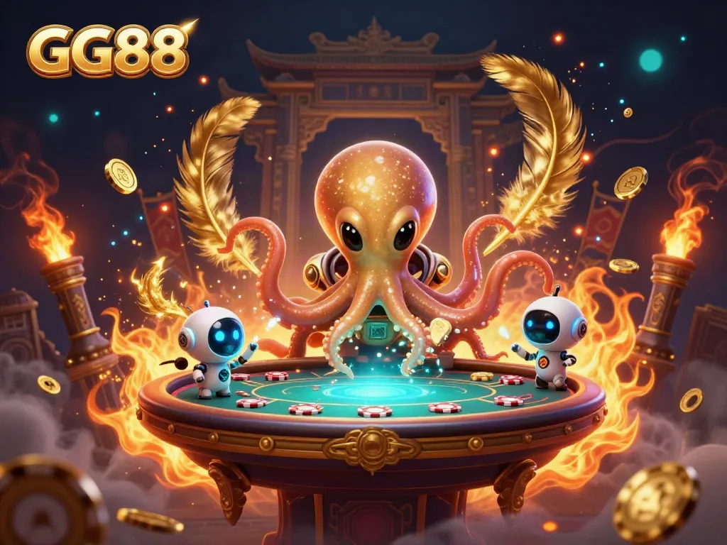 Win big at GG88 with a vibrant scene featuring an alien octopus dealing poker chips in a galaxy-themed casino setting.