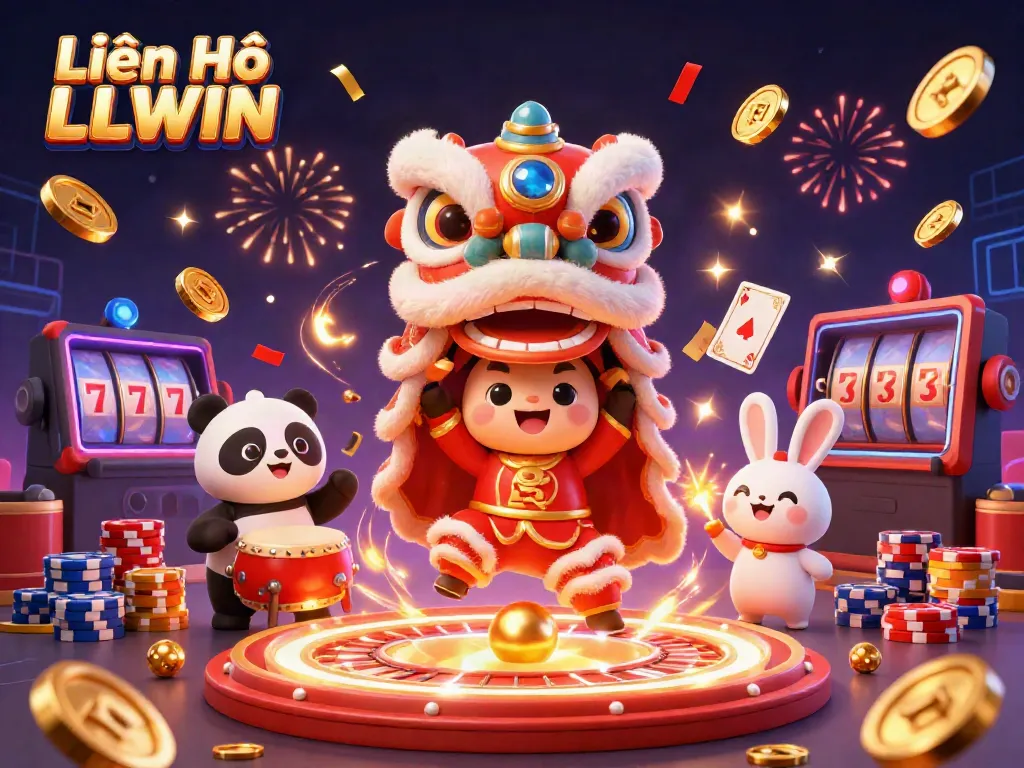 Experience the vibrant Liên Hệ LLWIN scene with animated characters amidst casino action and festive decorations.