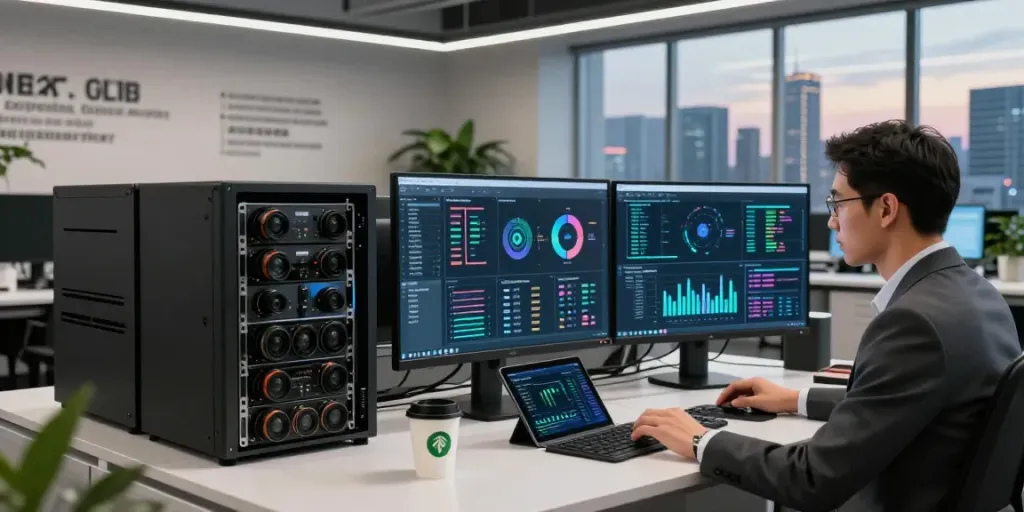 AI infrastructure workspace showcasing a data scientist analyzing AI models and power consumption metrics.