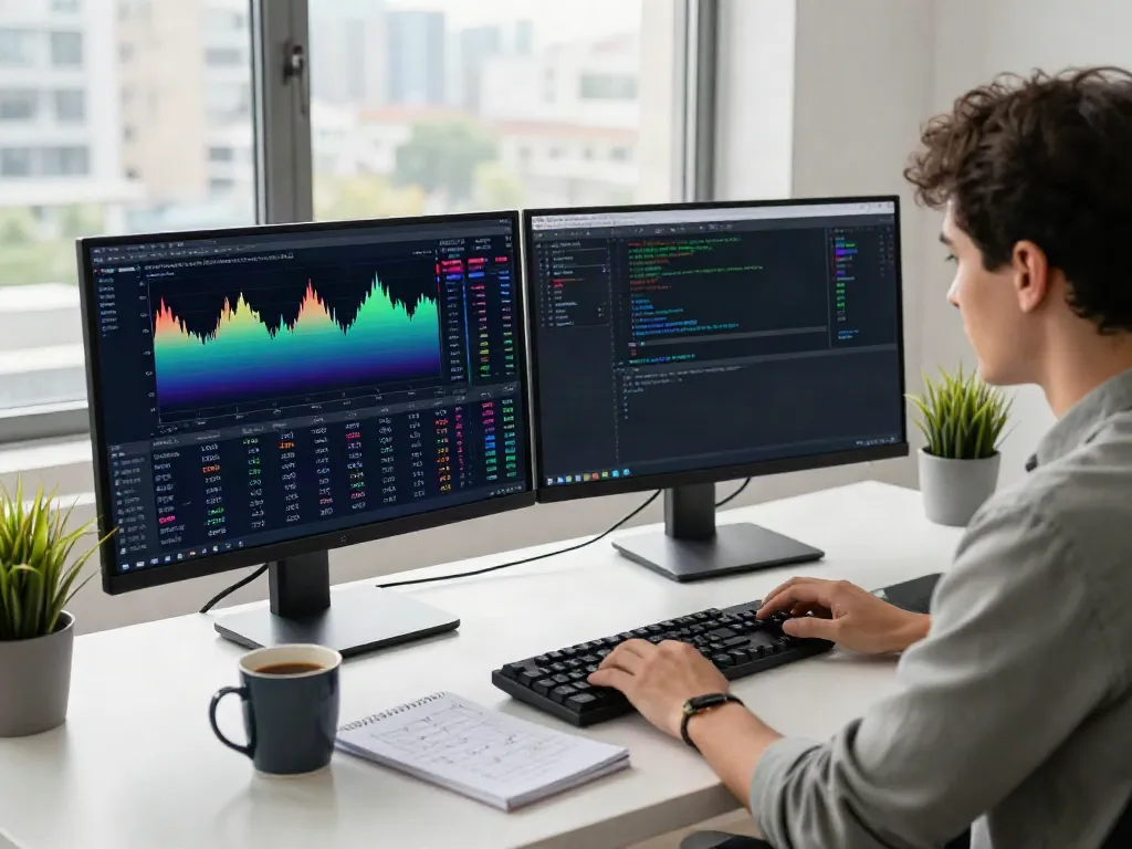 Trader analyzing MetaTrader 5 platform in a modern office with dual monitors and charts.