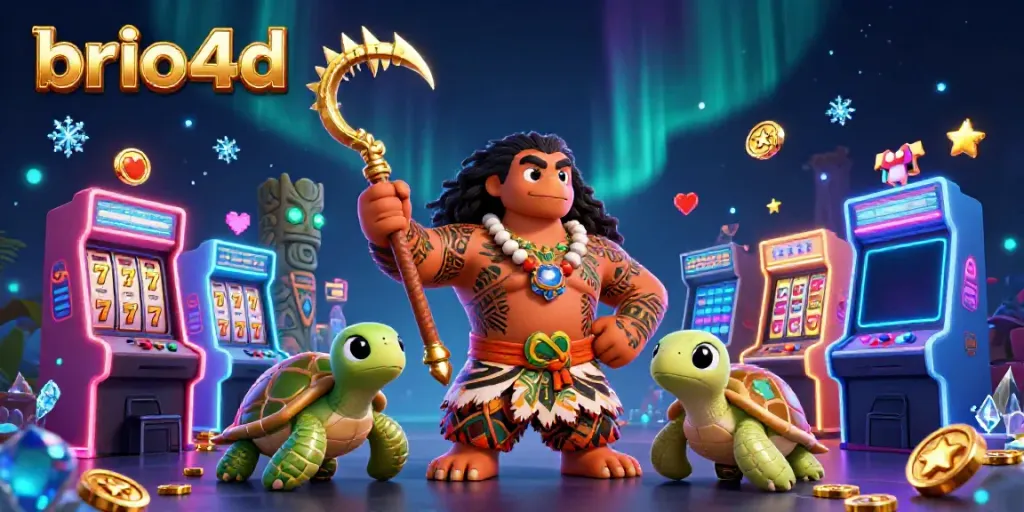 Experience the vibrant world of brio4d featuring a playful demigod hawk and a turtle sidekick among slot machines.