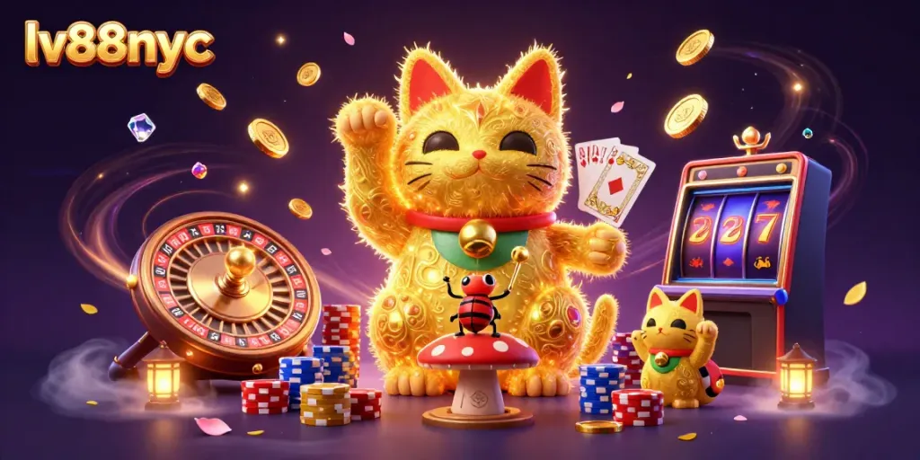 Engage with the vibrant scene of lv88nyc, showcasing a lucky cat and casino symbols amidst flying coins.