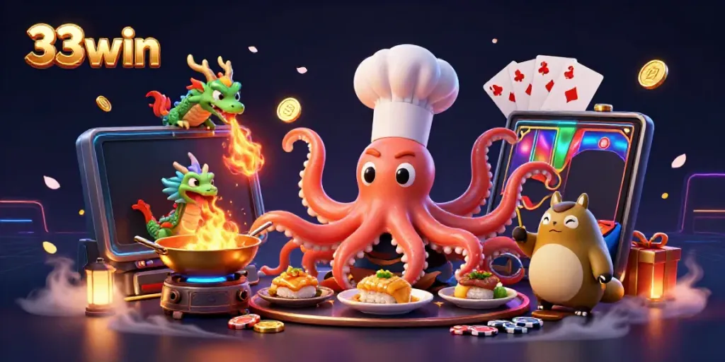 Engage with thrilling 33win casino games as characters celebrate wins with vibrant energy.