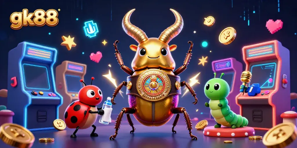Engage with gk88's exciting casino world as a golden stag beetle challenges odds in dynamic 3D illustration.
