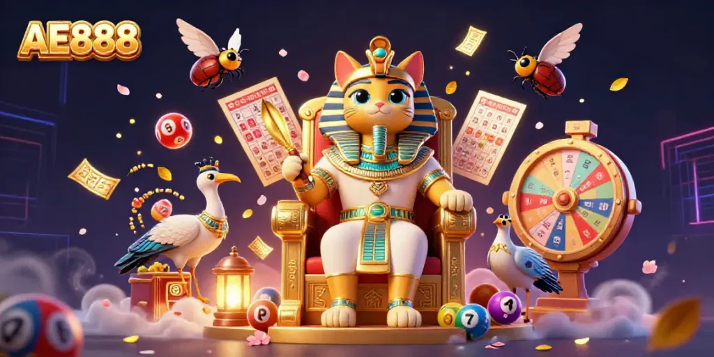 Experience the excitement of AE888 through a vibrant 3D illustration featuring a pharaoh and scribe amidst lottery elements.
