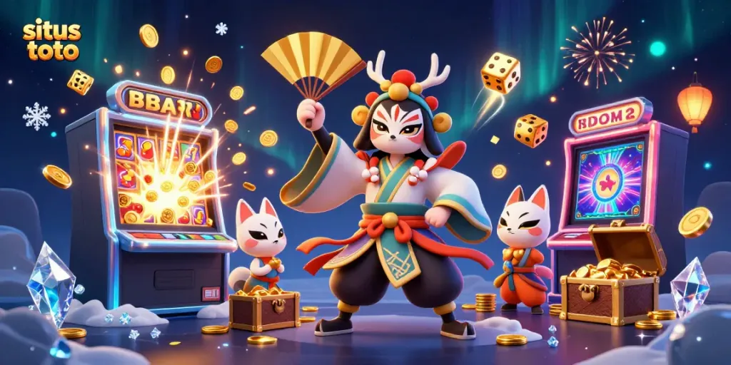 Immerse in situs toto's lively atmosphere with a kabuki warrior and lucky symbols bursting from a slot machine.