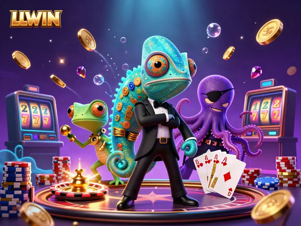 Experience thrilling gameplay with LLWIN's dynamic casino illustration featuring vibrant characters and game elements.