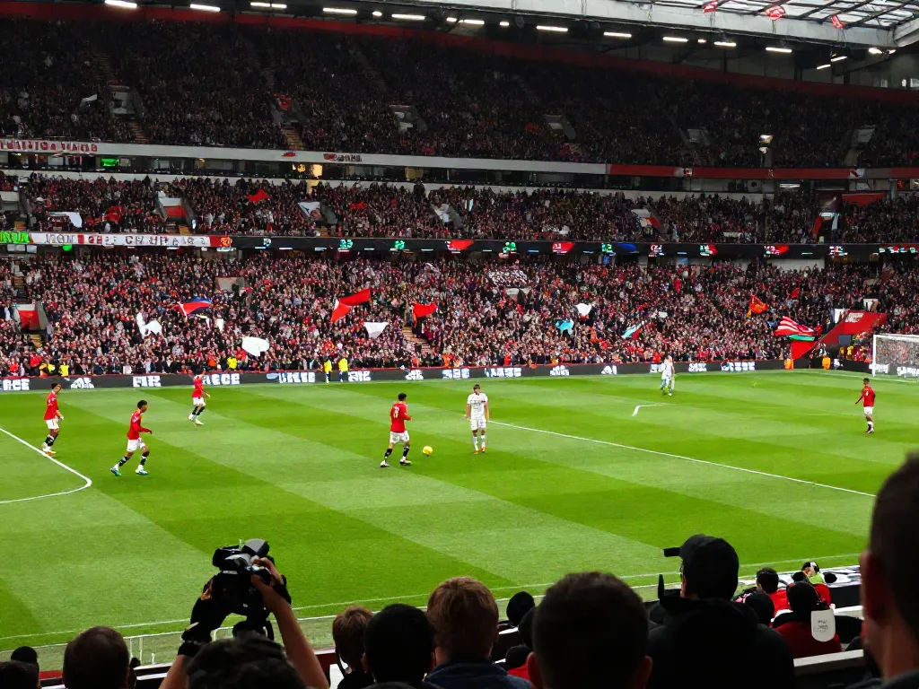 Intense action from the แมนยู vs ลิเวอร์พูล 10 นัดล่าสุด football match, showcasing energetic fans and players.