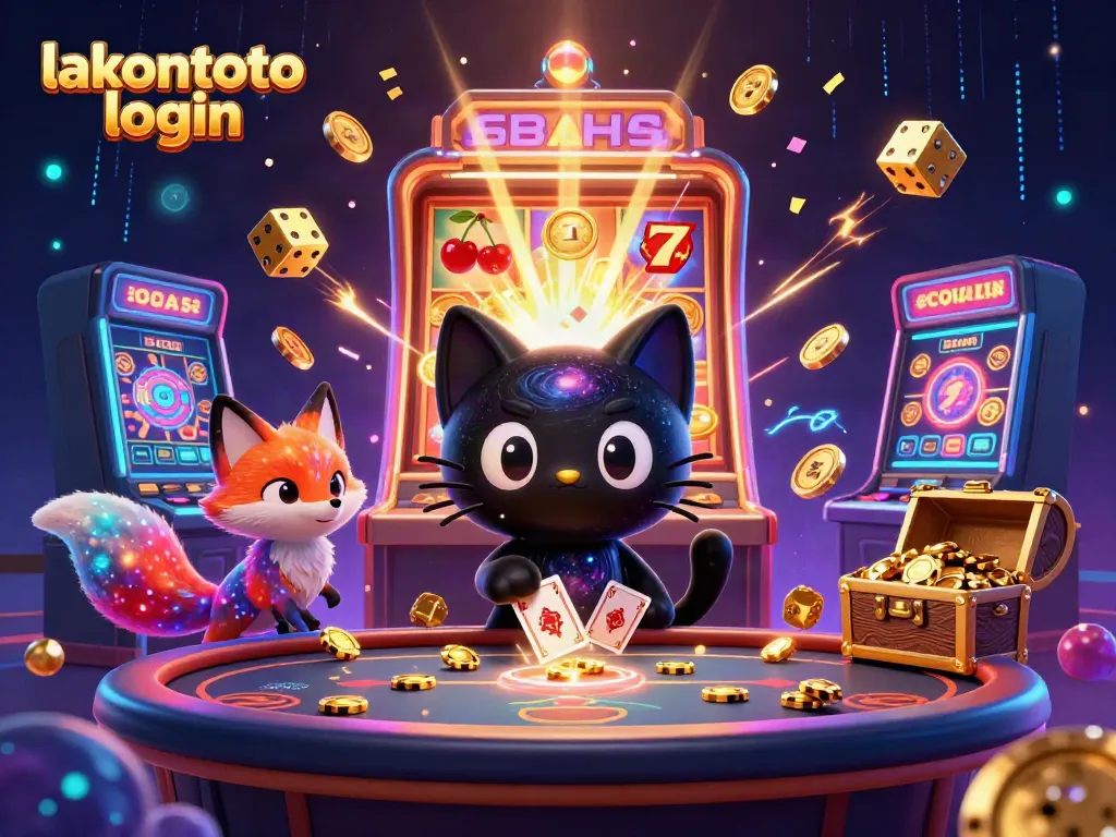 Login lakontoto: kucing hitam luar angkasa yang menarik chip dan kartu emas dalam kasino digital