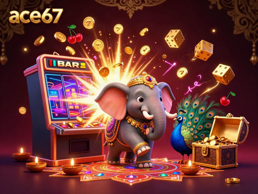 Experience the excitement of ace67 with a vibrant casino scene featuring a Diwali elephant and exciting jackpots.