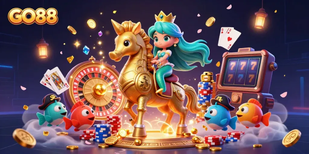 Experience the excitement of GO88 with vibrant casino action featuring a mermaid and giant seahorse in a richly detailed scene.