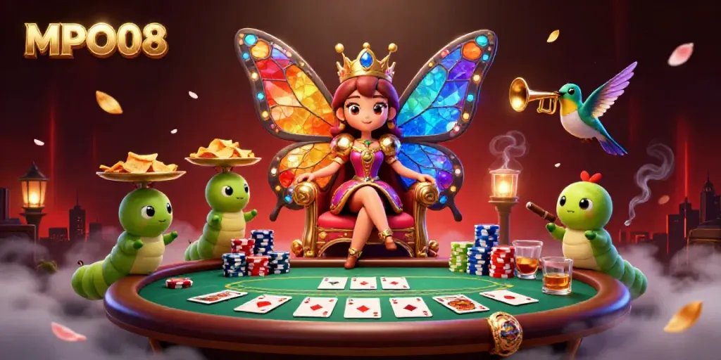 MPO08 showcases a vibrant casino scene with a butterfly queen surrounded by poker elements in a dazzling atmosphere.