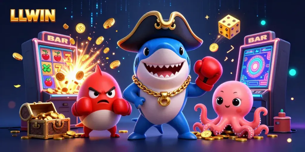Experience the excitement of LLWIN with a vibrant 3D pirate-themed casino scene filled with game elements.