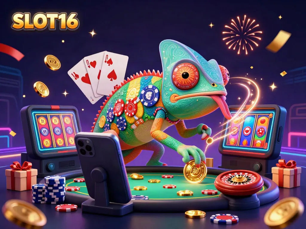 SLOT16-themed illustration with a colorful chameleon casino owner, exciting game elements, and dynamic atmosphere.