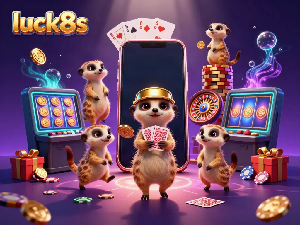 Win big with luck8s: Meerkats running a vibrant, animated casino operation.