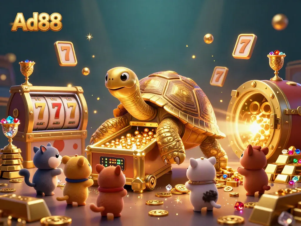 Spin the reels at Ad88's vibrant casino, showcasing a golden tortoise pinball machine surrounded by treasure.