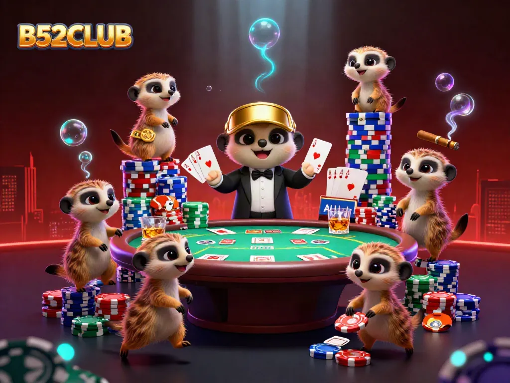 Amazing illustration showing B52CLUB meerkats engaging in an exciting poker game with vibrant casino elements.
