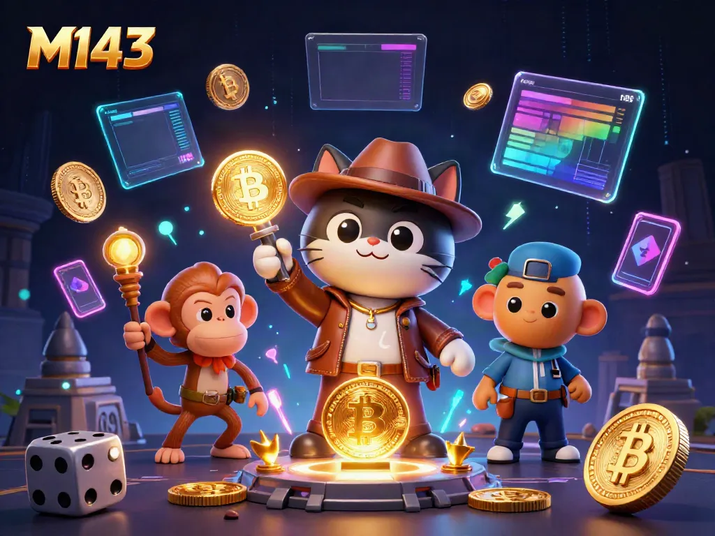 Experience M143 with a cartoon explorer cat and monkey in a vibrant casino setting, unveiling treasures.