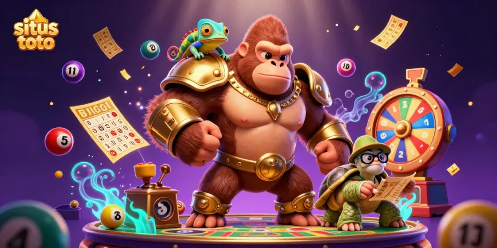 Engaging illustration showcasing a powerful gorilla king, a chameleon, and a tortoise in a vibrant gambling scene, emphasizing situs toto.
