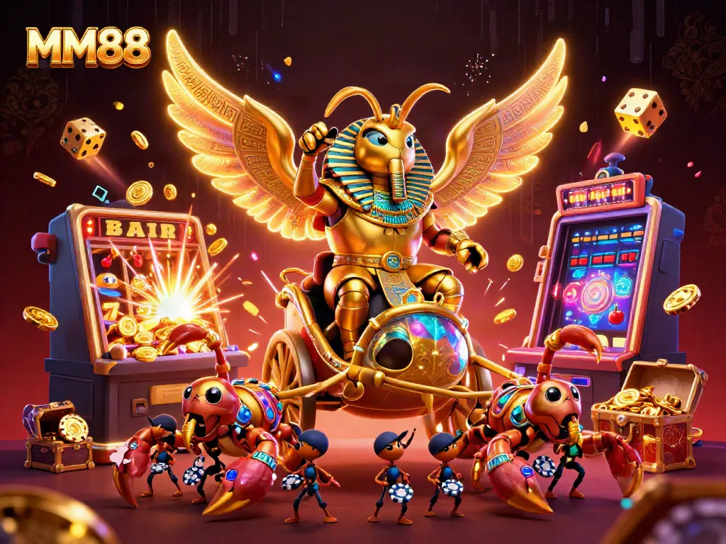 Experience MM88 with a vibrant 3D casino scene featuring games, characters, and excitement.