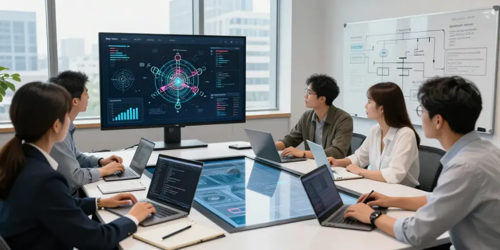 Team collaborating on Enterprise AI strategies in a bright workspace