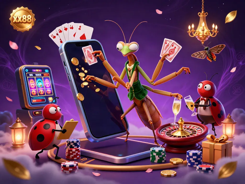 Experience exciting gaming at xx88 with a colorful scene featuring a unique praying mantis dealer and vibrant casino elements.