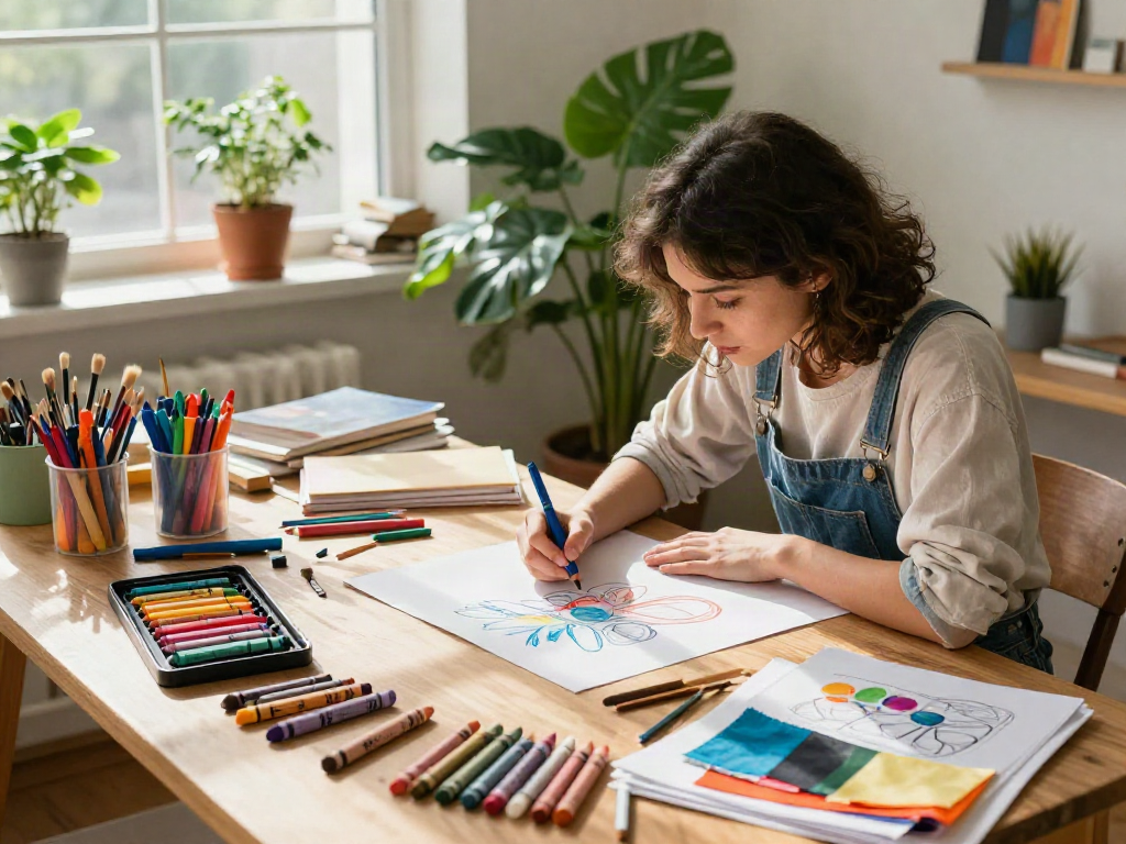 Colorful crayon supplier scene with artist creating vibrant artwork using beeswax crayons in a well-lit studio.