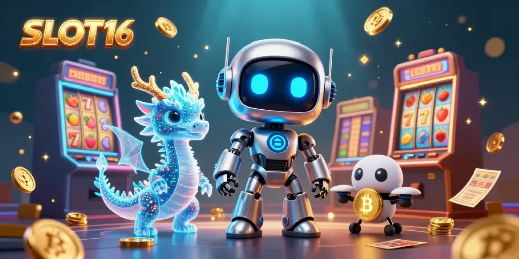 SLOT16 showcases a thrilling casino scene with dynamic slot machines, animated characters, and vibrant gaming elements.