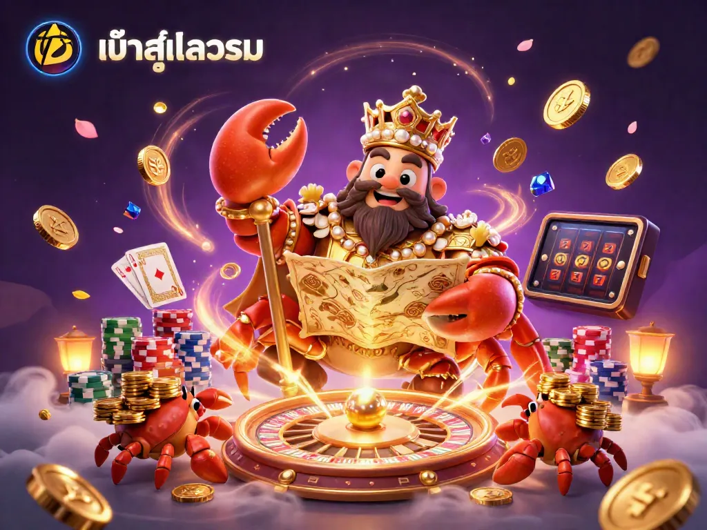 Experience ufabet เข้าสู่ระบบ with a giant golden crab emperor amid dazzling coins and casino elements for an exciting gaming adventure.