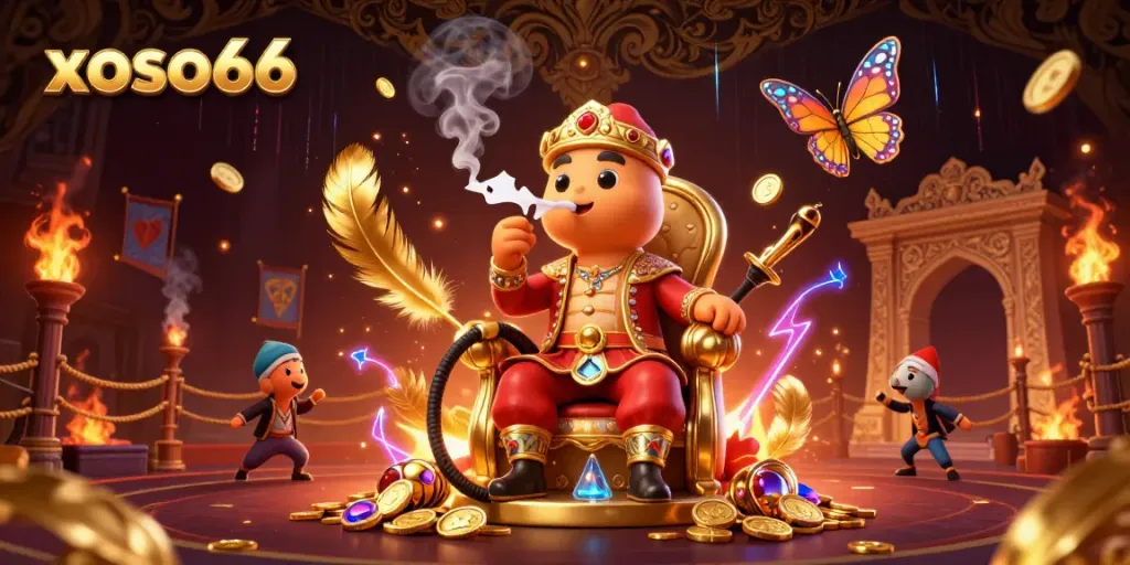 Experience the excitement at xoso66 with a vibrant illustration of an online casino scene, featuring a whimsical caterpillar master.