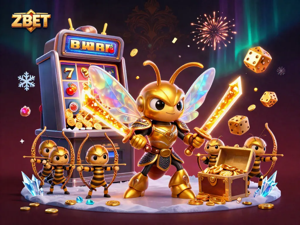 ZBET draws in action as a golden hornet samurai and bee archers conquer a colorful casino scene.