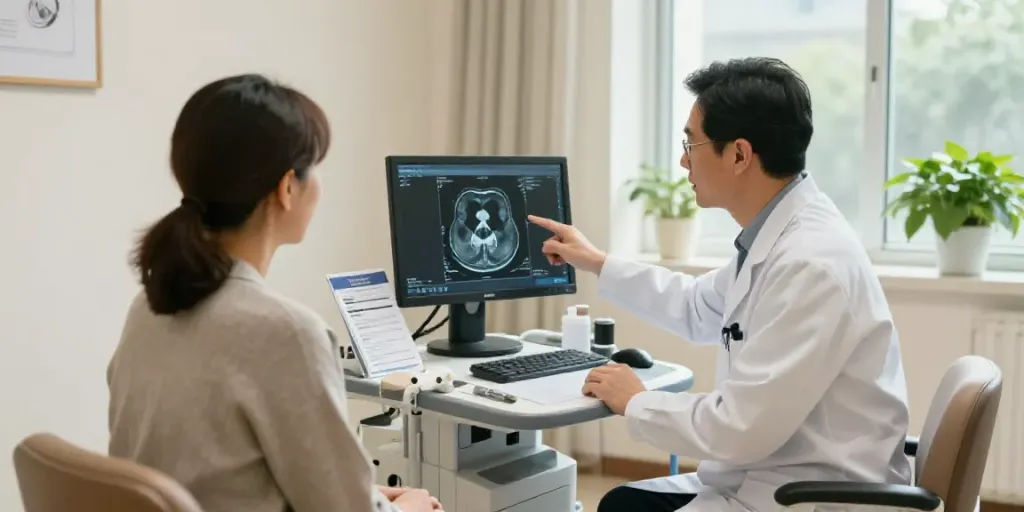 Diagnostikzentrum Wolfsburg: Patientengespräch mit Arzt in modernem Untersuchungsraum.