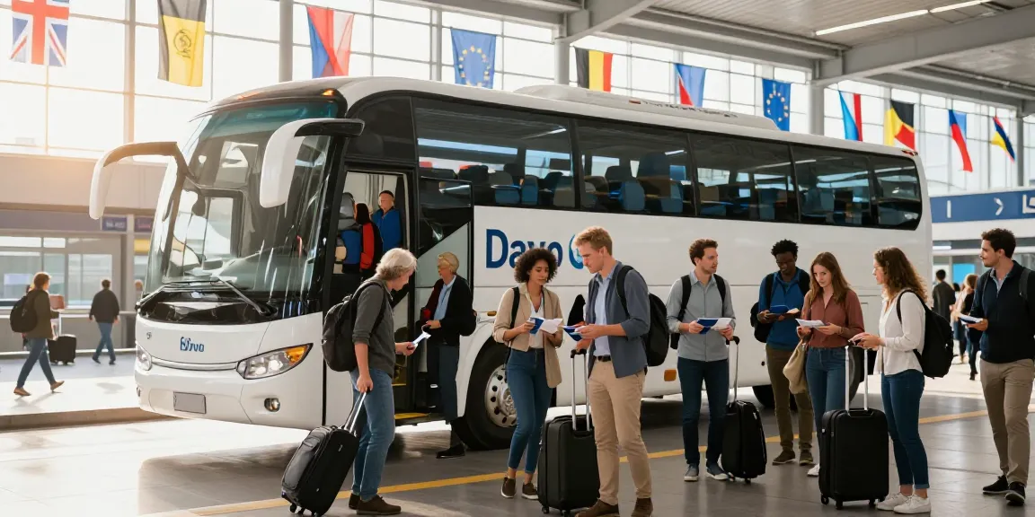 Transport Moldova Anglia cu Davo Group, pasageri îmbarcând autocare moderne în terminal.